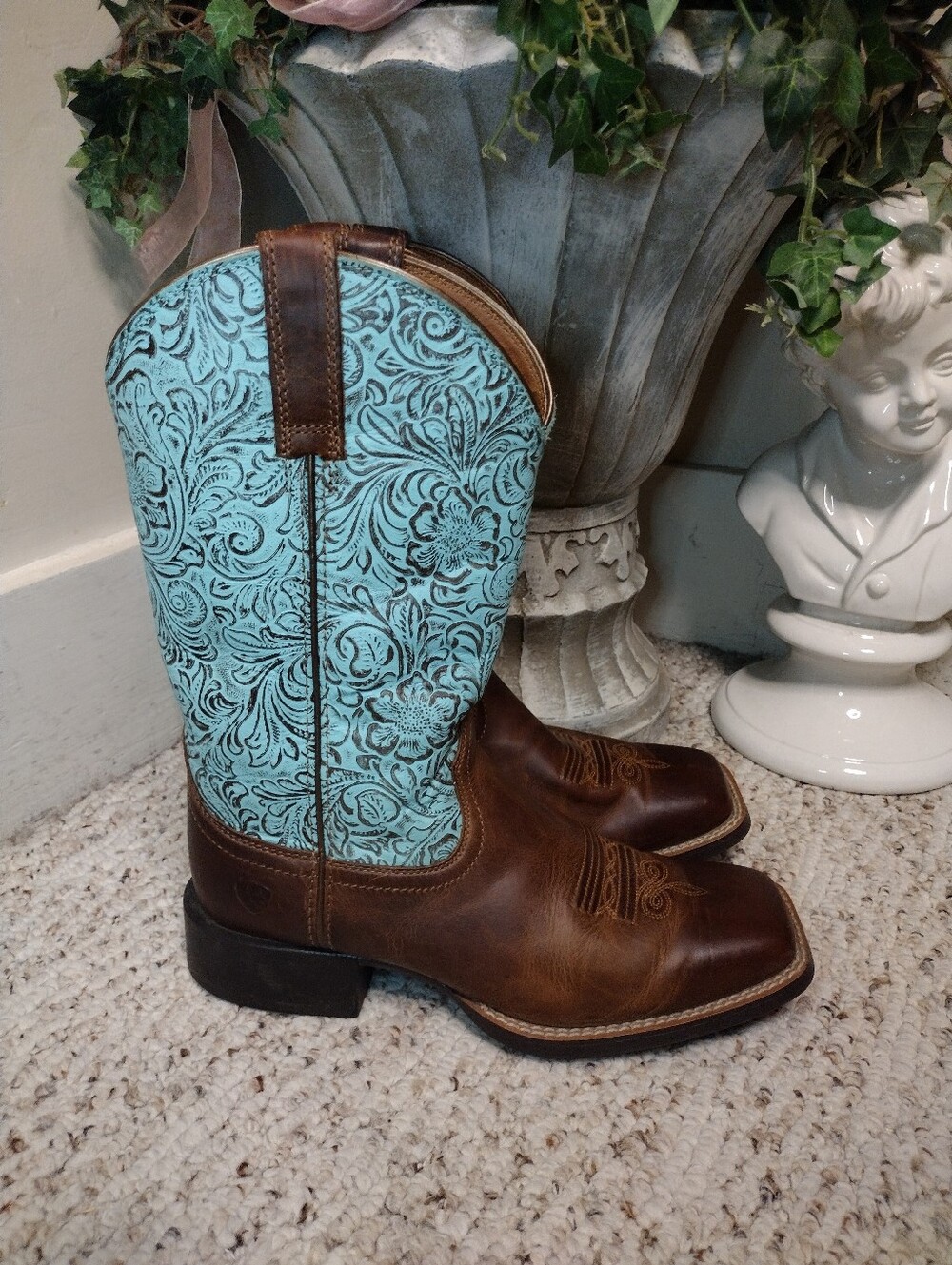 Ariat Round Up Square Toed Turquoise & Brown Tooled Leather Women's Cowboy Boot
